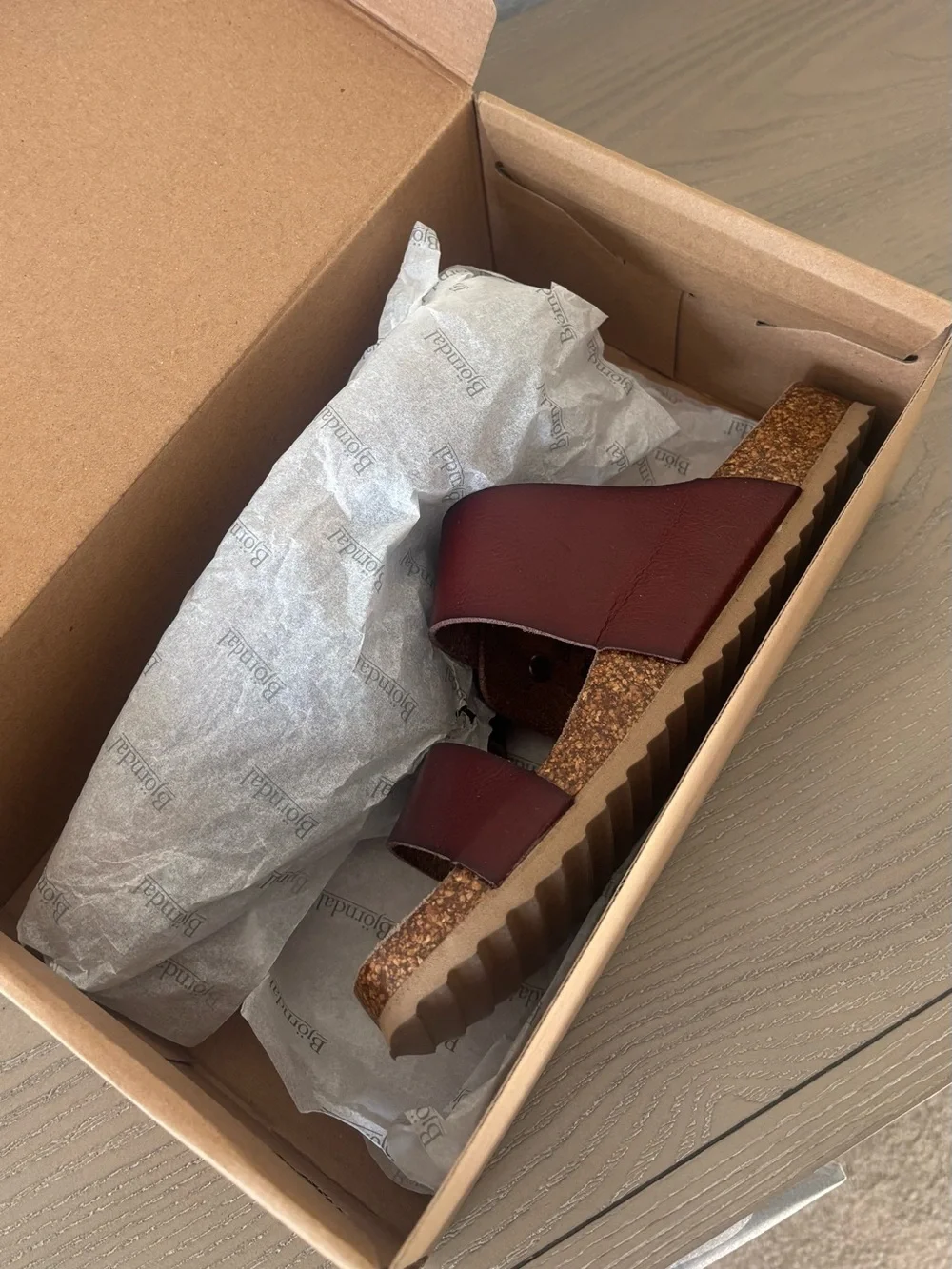 Bjorndal Burgundy Two-Strap Slide Sandals with Brass Buckles